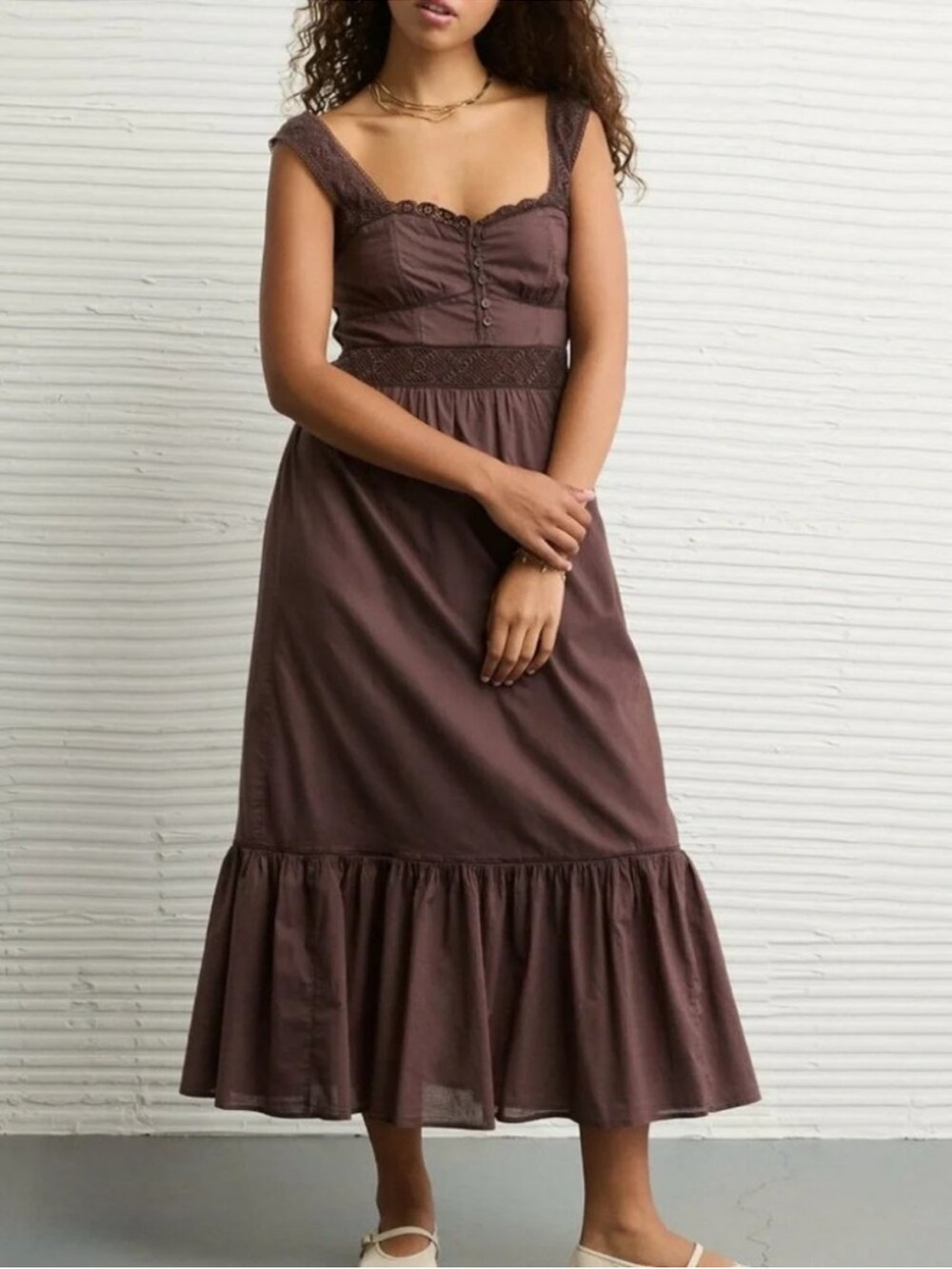 American Eagle Brown Catie Corset Midi Lace Strap Dress Prairie Milkmaid